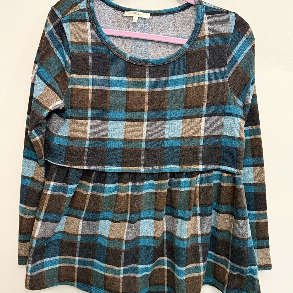 Andrea Jovine Teal and Brown Plaid Top